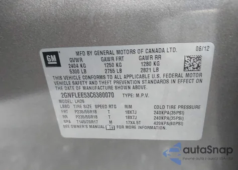 2012 Chevrolet Equinox 1Lt from USA, damaged, VIN 2GNFLEE53C6380070